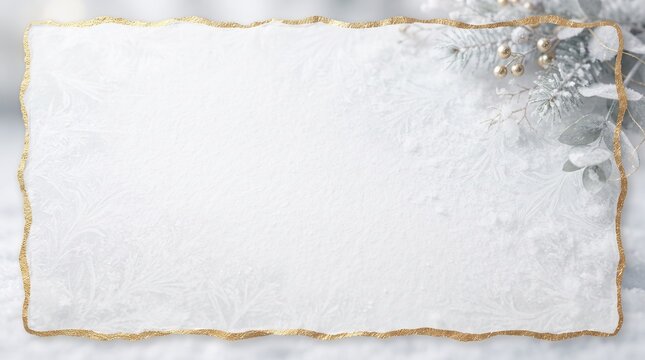 winter background frame with gold foil edge frozen pattern copy space and christmas branch decor