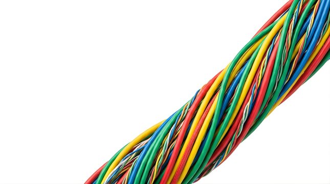 Multicolored electrical wires bundled together isolated on white background