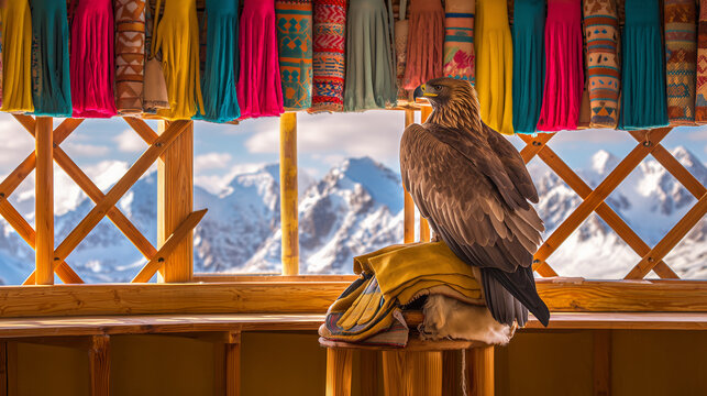 Vibrant felt shyrdak textile draped over yurt wooden lattice, golden eagle perched upon a glove, theme of Central‑Asian nomadic heritage