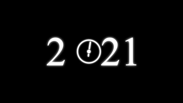 numbers 2021 with three clock faces integrated into the zero digits against a stark black background symbolizing the dawn of a new millennium and the passage of time Keywords: 2021.4k