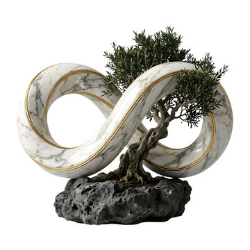 Infinity loop sculpture made of white marble with gold trim, featuring a small green bonsai tree growing from a dark volcanic rock base isolated on a transparent background