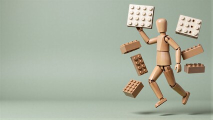 Fototapeta premium Wooden figure joyfully leaps among floating LEGO bricks against a soft green backdrop.