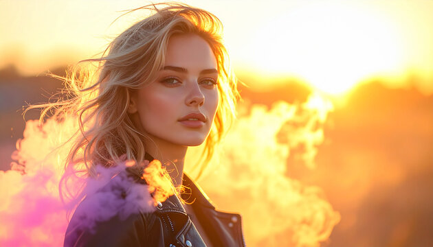 Blonde woman in leather jacket standing in front of smoke