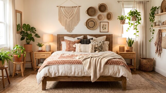 A cozy bohemian bedroom interior, straight-on perpendicular view facing the bed, centered wooden bed with layered cream and terracotta textiles, rattan bedside tables, woven wall decorations