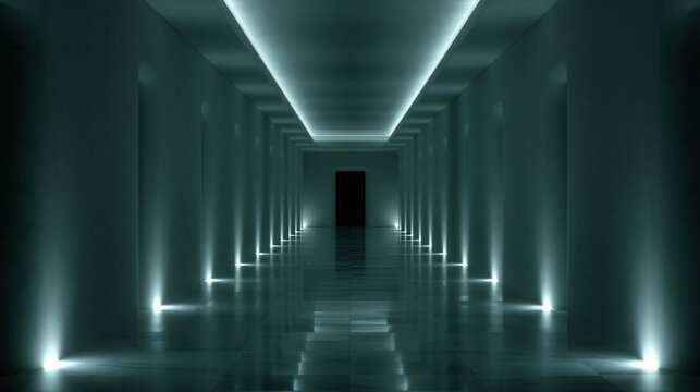 Futuristic corridor modern corridor long corridor interior corridor illuminated hallway reflective floor sleek wall symmetry perspective minimalist design