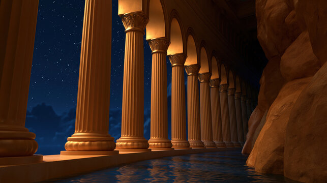 Colonnade temple corridor at night under starry sky with tall column, warm light, stone hall, ancient architecture, calm reflection