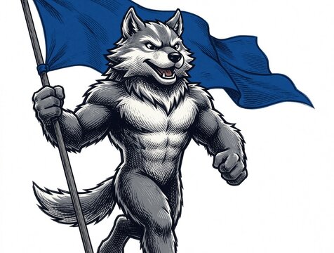 Muscular anthropomorphic wolf mascot holds large blue flag running forward. Aggressive furry character with athletic build acts as team leader. Cartoon style predator animal emblem serves as sports