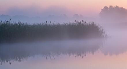 Obraz premium Misty sunrise over a serene lake surrounded by dense forest.