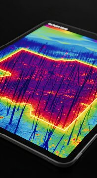 Close up of a digital tablet screen displaying thermal drone imagery of a fully contained wildfire perimeter across a scorched forest landscape, safety, containment, imagery