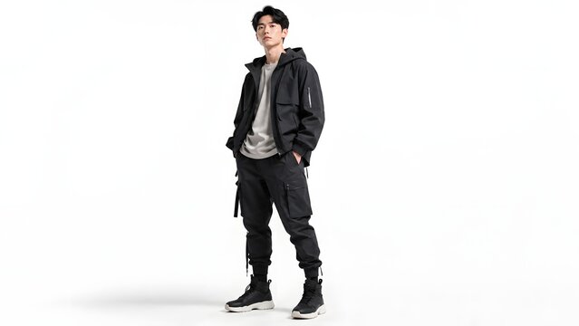 Full length portrait of Asian male model wearing black hooded jacket and cargo pants with dark boots, isolated on white background, techwear street fashion.