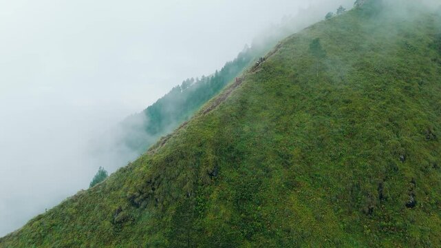 Aerial view of the steep, mist-covered slopes of Gunung Andong with lush green vegetation in Kecamatan Ngablak, Jawa Tengah, Indonesia.