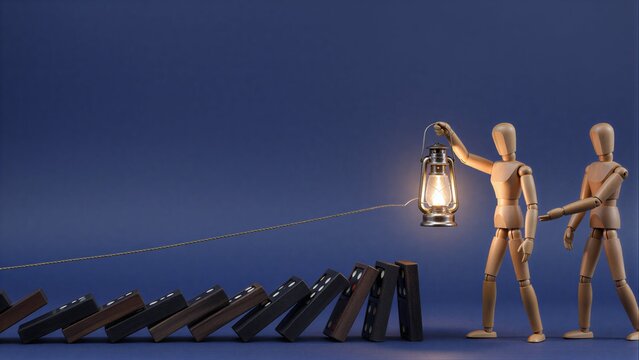 Two wooden figures, one holding a lantern, stand before falling dominoes.