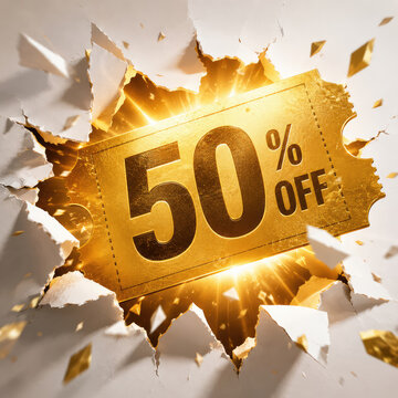 AI Generated Golden 50 Percent Off Coupon Bursting Through Paper
