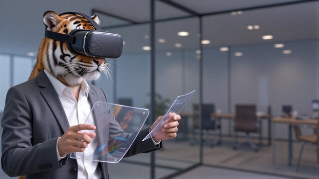 Tiger in VR headset, holding futuristic tablet, dressed in business suit.
