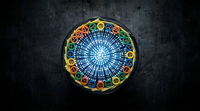 Cross section of fiber optic cable with glowing core on dark background