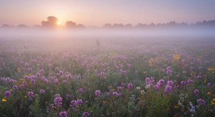 Obraz premium Purple wildflowers blooming in a misty meadow at dawn.