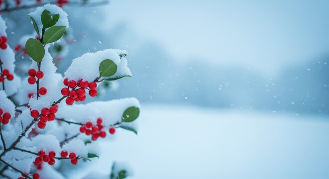 Close-up of a Christmas tree branch with red berries and green needles.