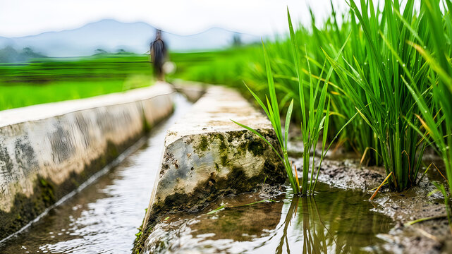 Lush green rice field with traditional concrete irrigation canal