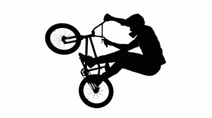 Fototapeta premium Freestyle BMX Rider Silhouette Performing Trick Isolated on White Background
