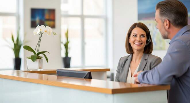 Friendly receptionist talking to client at office front desk