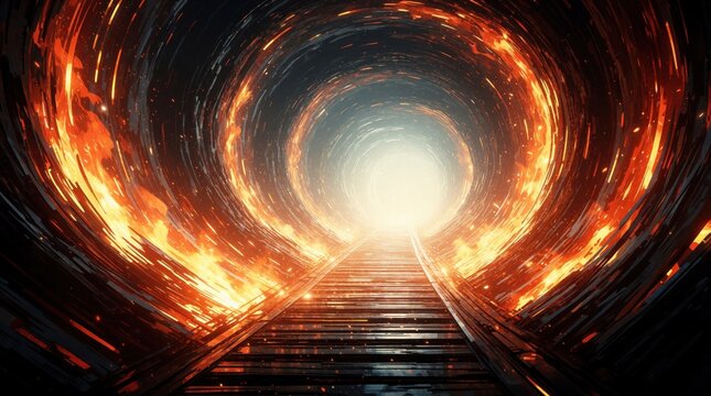 Abstract fire tunnel with glowing edges, bright light at end. Futuristic path creates speed motion effect in dark space. Surreal digital art portal design features warm orange flames swirling in deep