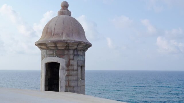 Closeup a a sentry box (Garita) at a wall at San Cristobal Castle, Old San Juan, puerto Rico