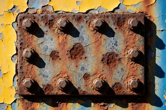 Close-up textured surface of heavily rusted metal plate with hex bolts. Peeling yellow and blue paint reveals aged metallic corrosion and decay pattern. Weathered iron texture.