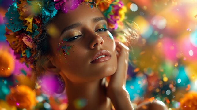 Young woman with floral crown and colorful makeup poses against a vibrant background filled with confetti and flowers, showcasing a festive atmosphere