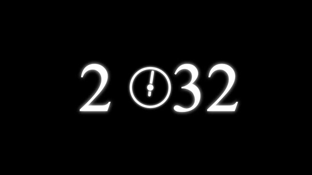numbers 2032 with three clock faces integrated into the zero digits against a stark black background symbolizing the dawn of a new millennium and the passage of time Keywords: 2032.4k