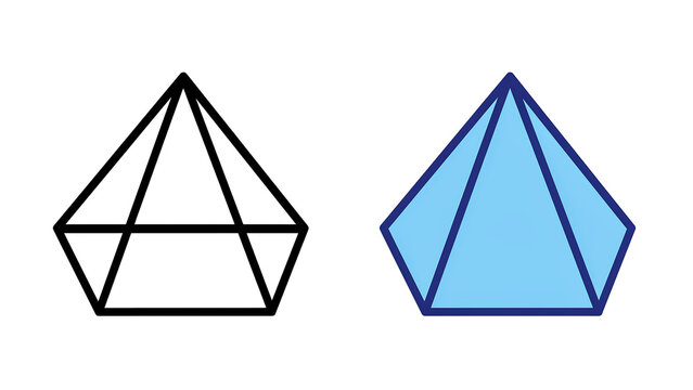 Outline and filled blue 3D pentagonal pyramid geometric shapes with pentagon