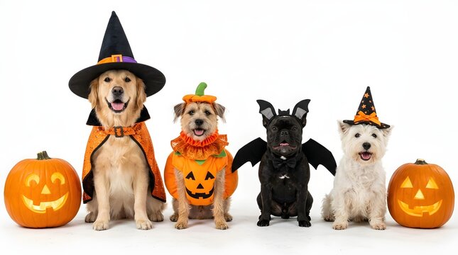 Group of dogs in halloween costumes isolated on white background