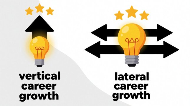 Light bulb shows vertical and lateral career growth paths. Upward arrow for promotion, side arrows for role change. Idea and stars indicate success.