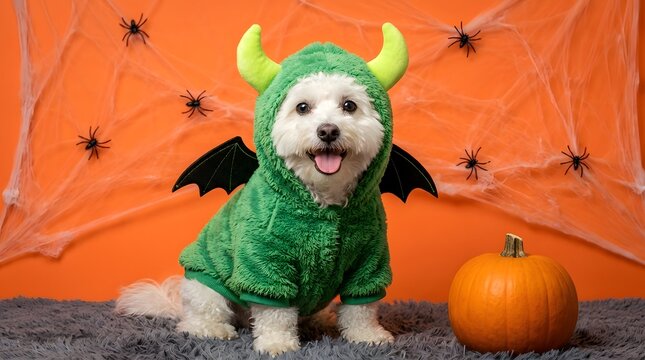 Cute white dog wearing a green devil costume with horns and wings