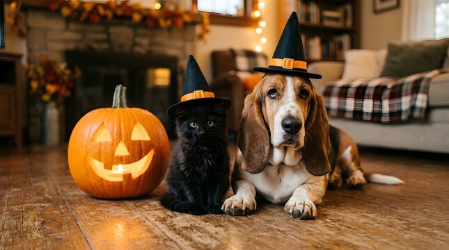 Black cat and basset hound dog wearing witch hats with pumpkin