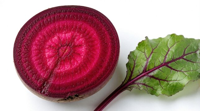 Bright beet slice with green leaf on white background. Raw circle beetroot vegetable cut in half shows purple texture pattern. Close up view of fresh organic plant ingredient for healthy food diet