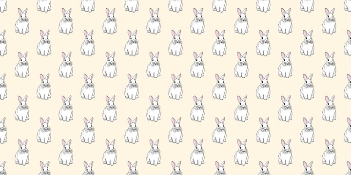 Soft cream-ivory background adorned with a cute white bunny rabbit grid. Gentle pastel animal pattern for baby shower gift paper and delicate nursery room wallpaper print.