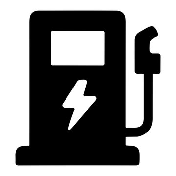 Silhouette icon of an electric vehicle charging station with cable and plug, featuring a lightning bolt symbol on the front panel, minimalist EV charger graphic signage