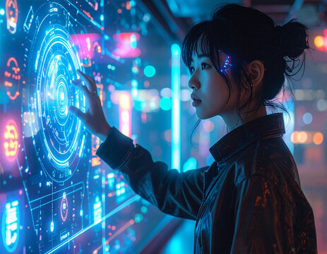 Woman interacting with futuristic digital interface in neon lit room