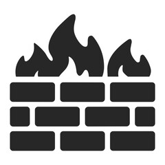 Fototapeta premium Stylized firewall icon depicting a brick wall topped with flames, symbolizing network security and digital protection against cyber threats, illustrating a protective barrier.