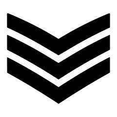 Naklejka premium High-contrast black triple chevron insignia graphic showing three downward-pointing V-shaped stripes stacked symmetrically as a minimalist rank emblem on a white background