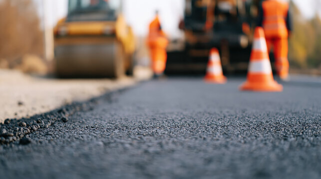 Road construction workers paving asphalt with machinery and traffic cone, blurred background, road repair site