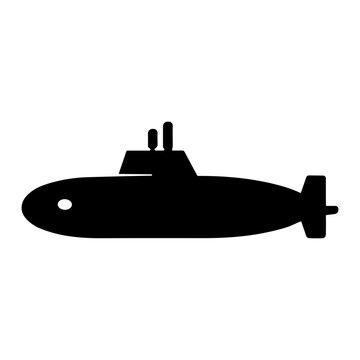 Side-profile black silhouette of a submarine with conning tower and periscope on a white background, minimalist naval underwater vessel icon representing a submersible craft