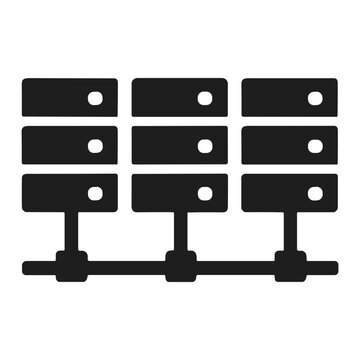 Silhouette icon of a grid of interconnected server units mounted on a network bus, representing data center racks, server clusters, networked storage and infrastructure topology