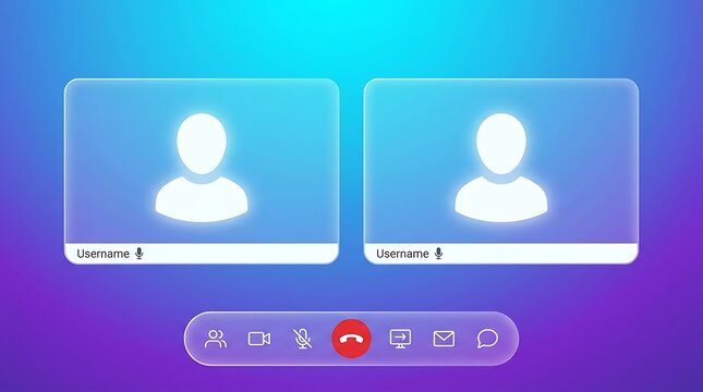 Modern video conferencing interface design featuring two user avatars on blue background.