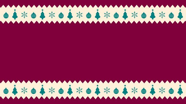 Seamless looping background animation of top and bottom stripes with moving Christmas elements and maroon burgundy center text copy space area. Flat style holiday frame banner backdrop concept