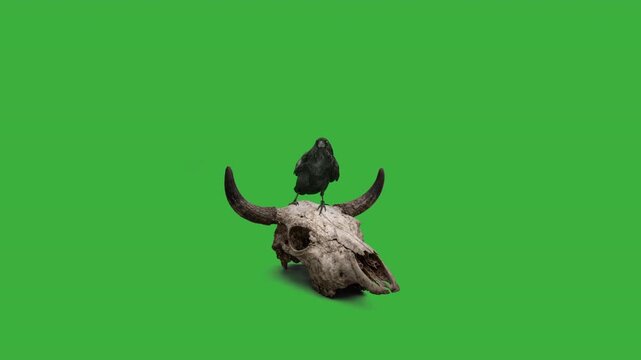 Raven on a weathered cattle skull green screen