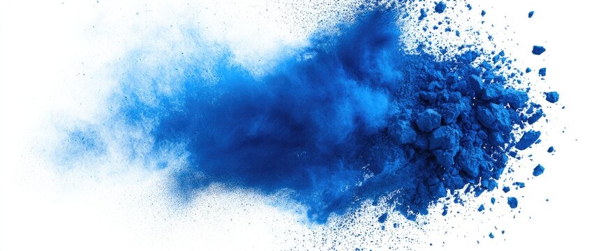 Intense blue powder explodes outwards against a stark white background