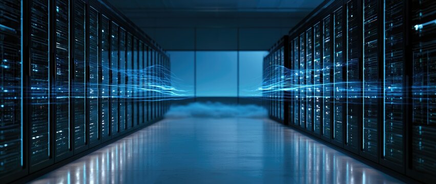 Rows of servers in a data center with glowing blue digital streams and mist