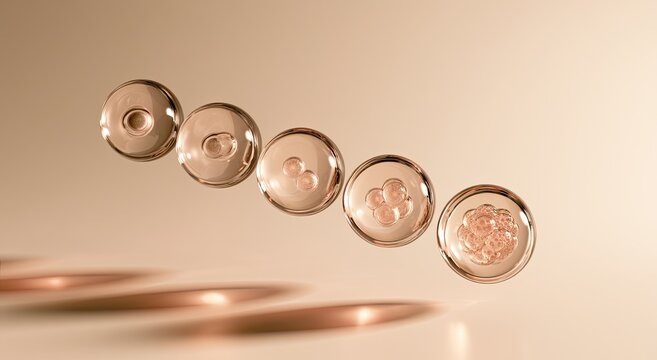 Spheres depict cellular division progression, from single cell to clusters