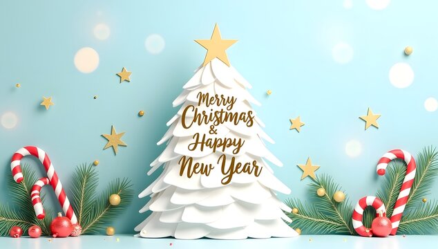 A festive white christmas tree with gold lettering and candy canes on a soft blue background for holiday greetings